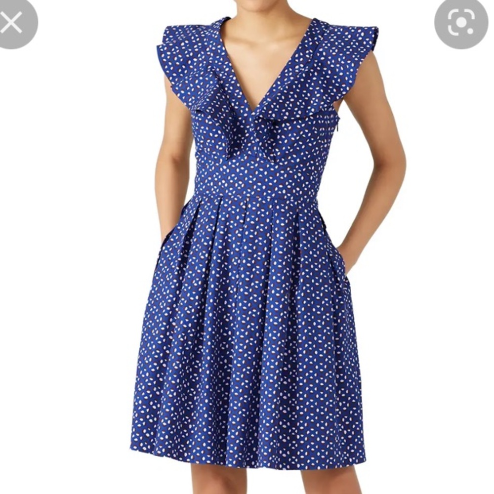 Kate Spade Dancing Hazelnut Amulet Blue  Geo Dot Cotton Ruffle Sleeveless Dress
